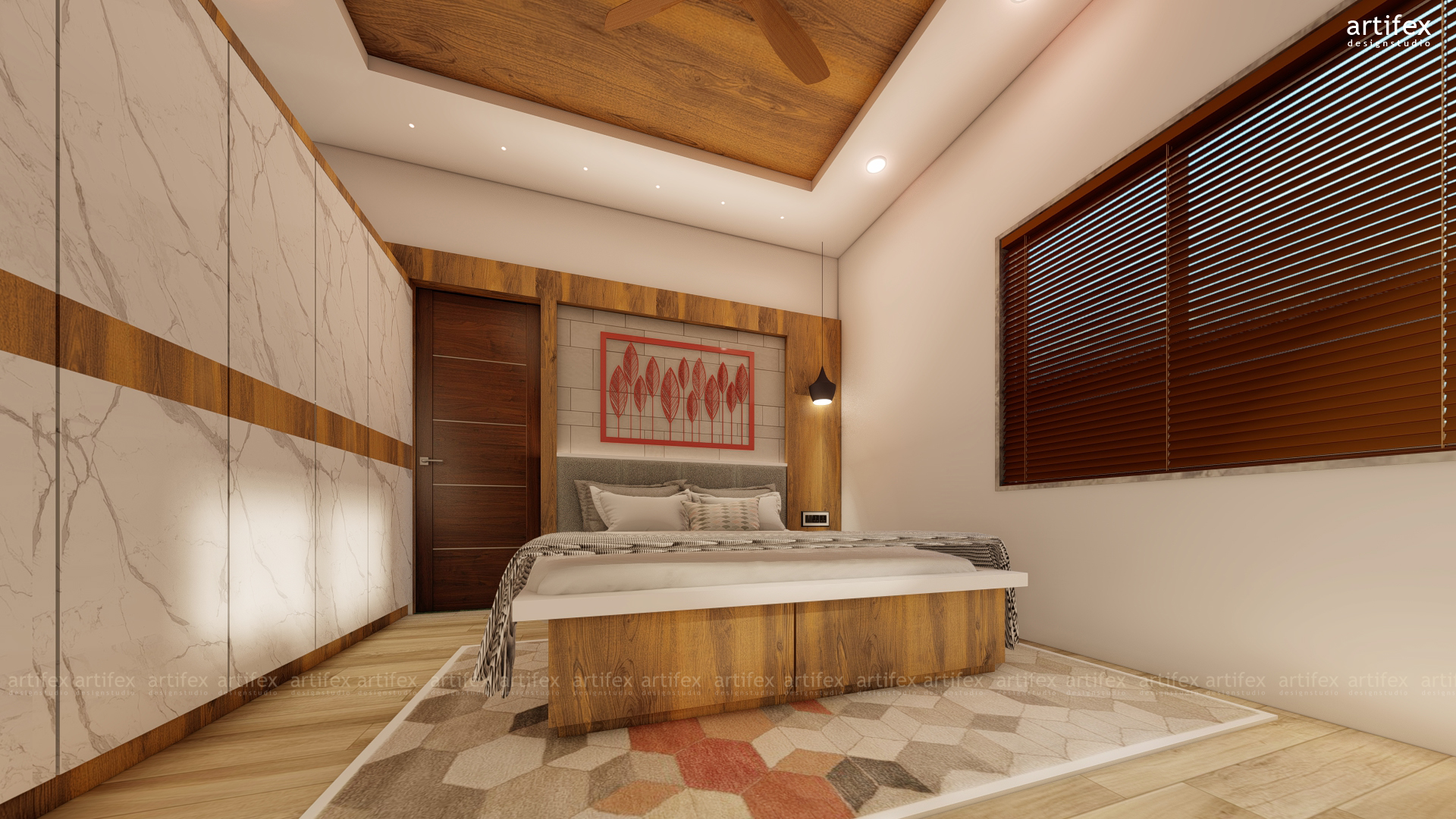Contemporary Bedroom with Wooden Ceiling